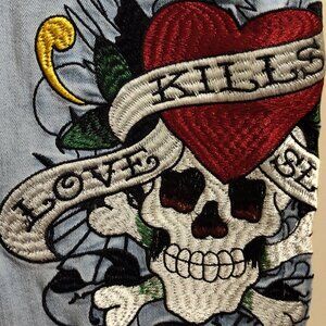 Ed Hardy Women's Size 28 Love Kills Slowly Skull Embroidered in Light Blue Jeans